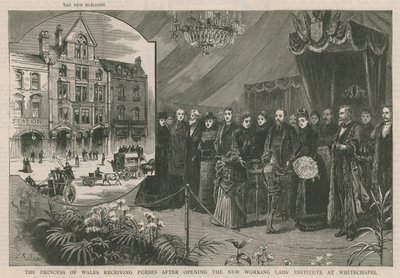 Die Prinzessin von Wales empfängt Geldbörsen nach der Eröffnung des neuen Working Lads Institute in Whitechapel von English School