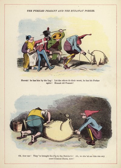 The Puzzled Peasant and the Runaway Porker (farve litho) af English School