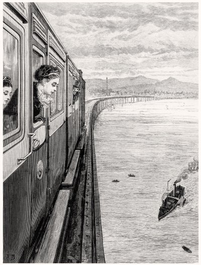 Dronningens tilbagevenden fra højlandet; Hendes Majestæt krydser Tay Bridge, Dundee af English School