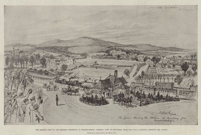 Dronningens besøg hos kejserinde Frederick på Friedrichshof, General View of Kronberg, fra Villa Candidus, der viser slottet (gravering) af English School