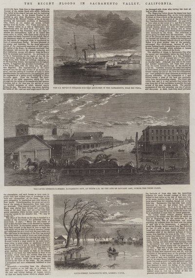 De seneste oversvømmelser i Sacramento Valley, Californien (gravering) af English School