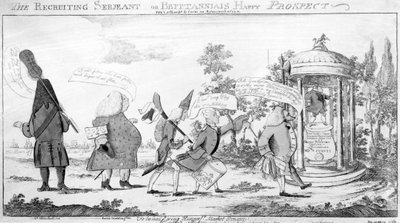 The Recruiting Sergeant eller Britannia Happy Prospect, tryk lavet af George Townshend, 1757 af English School