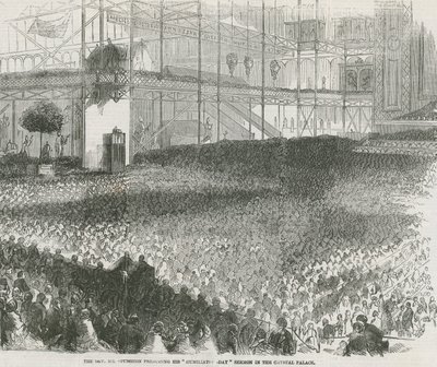 Pastor Charles Haddon Spurgeon prædiker sin ydmygelses dag-prædiken i Crystal Palace af English School