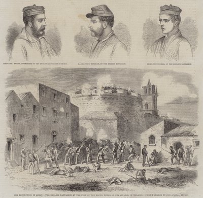 Revolutionen på Sicilien, den engelske bataljon ved foden af det runde tårn på citadellet i Melazzo (gravering) af English School