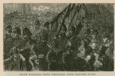 The Riot in Trafalgar Square: Politi marcherer ned af Whitehall med fangede flag af English School