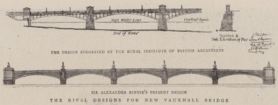 De rivaliserende designs til New Vauxhall Bridge (gravering) af English School
