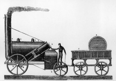 The Rocket, damplokomotiv designet og bygget af George og Robert Stephenson i 1829 til Liverpool-Manchester jernbanen (gravering) af English School