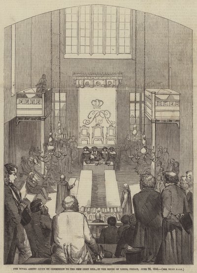 Den kongelige samtykke givet af Kommissionen til New Corn Bill, i House of Lords, fredag den 26. juni 1846 (gravering) af English School