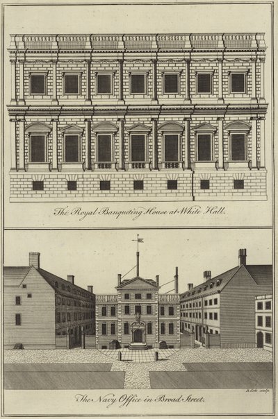 Royal Banqueting House i Whitehall og Navy Office i Broad Street, London af English School