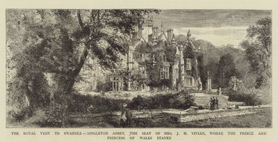 Det kongelige besøg i Swansea, Singleton Abbey, sæde for fru J H Vivian, hvor prinsen og prinsessen af Wales opholdt sig (gravering) af English School