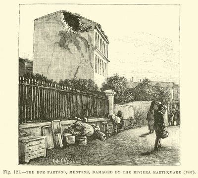 The Rue Partono, Mentone, damaged by the Riviera Earthquake, 1887  af English School
