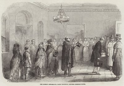 Den russiske ambassadør, Baron Brunnow, forlader Chesham House (gravering) af English School