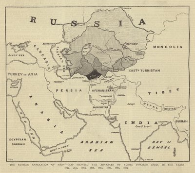 Den russiske annektering af Merv, kort, der viser Ruslands fremskridt mod Indien i årene 1734, 1836, 1863, 1867, 1874, 1876, 1881, 1884 af English School