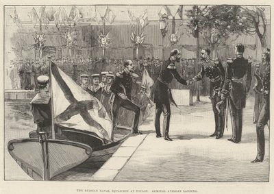 Den russiske flådeskadron ved Toulon, admiral Avellan lander (gravering) af English School