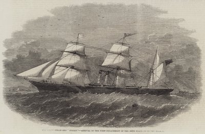 Screw Steam-Ship "Indian," Ankomst af den første afdeling af 100. regiment i Mersey (gravering) af English School