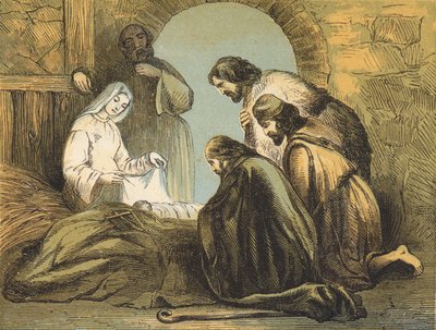 Hyrderne finder Jesus (farvet indgravering) af English School