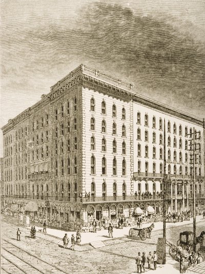 Sherman Hotel, Chicago, omkring 1870, fra "American Pictures" udgivet af Religious Tract Society, 1876 af English School