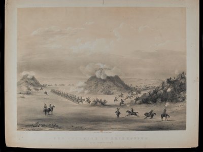 Træfningen ved Driekoppen, nær Zwaartkopjes, 1845, indgraveret af Paul Gauci (1834-66), udgivet i ca. 1845 af English School