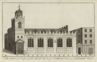 South West Prospect af Parish Church of St Catherine Cree i Leadenhall Street, London af English School
