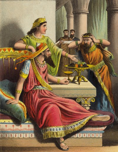 Historien om dronning Esther: Esther anklager Haman (farve litho) af English School