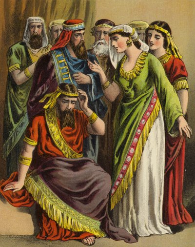 Historien om dronning Esther: Haman lægger sin klage til sin kone Zeresh og alle hans venner (farve litho) af English School