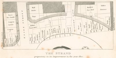 The Strand, London, vor seiner Verbesserung im Jahr 1810; Plan des Gebiets von English School
