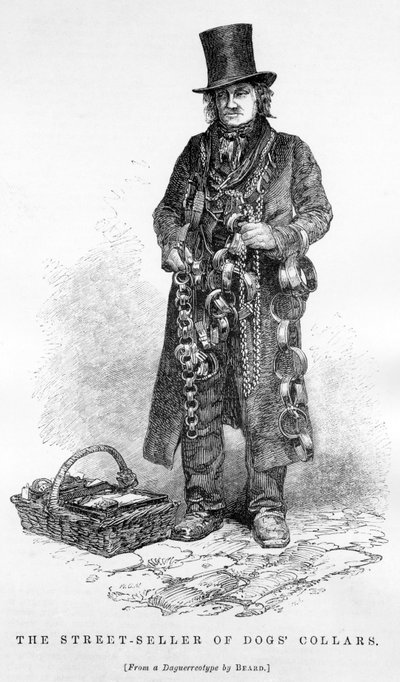Gadesælgeren af hundehalsbånd, ca. 1840 af English School