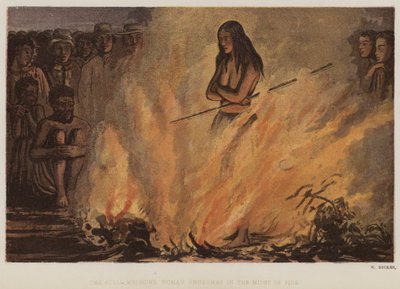 Sukia Medicine Woman uskadt midt i ilden (farve litho) af English School