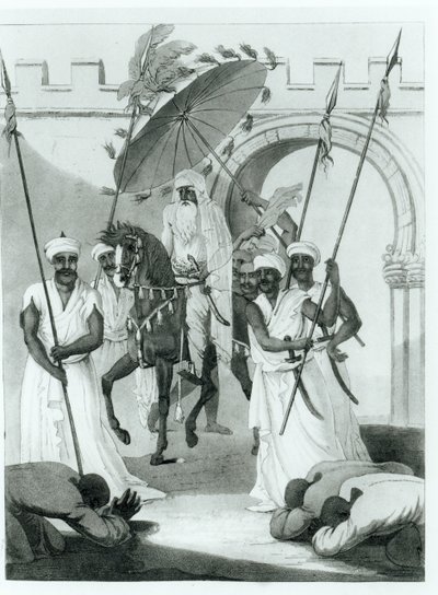 Sultanen af Marokko kommer ud for at give publikum, fra rejser gennem Frankrig og Spanien til Marokko af Maurice Keatinge, udgivet 1817 af English School