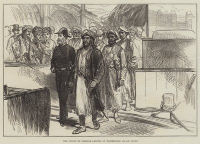Sultanen af Zanzibar lander ved Westminster Palace Stairs (gravering) af English School