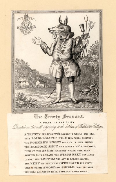 The Trusty Servant, maleri fra 1579 af den engelske digter John Hoskins på væggen ved siden af køkkenet på Winchester College, Hampshire (gravering) af English School
