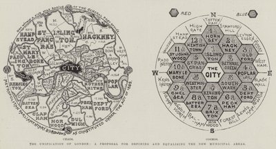 The Unification of London, et forslag til definition og udligning af de nye kommunale områder (gravering) af English School