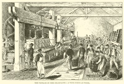 The Vintage in the Champagne: A Wine-Press at Work (gravering) af English School