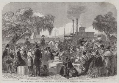 The War in America, Ankomst af et føderalt dampskib med våbenhvilens flag ved Madisonville, Lake Pontchartrain (gravering) af English School