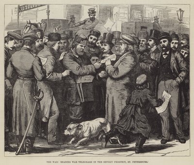 The War, læsning af krigstelegrammer i Nevsky Prospect, Skt. Petersborg (gravering) af English School