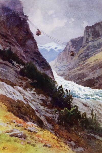 Wetterhorn Aerial Railway-svævebanen, Schweiz (farve litho) af English School