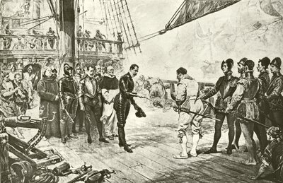 Admiralen af den spanske armada overgiver sig til Drake (dybtryk) af English School