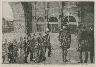 Ankomsten til hovedindgangen til Imperial Institute af prinsen af Wales, hertugen af York, hertuginden af Teck og prinsesse May af English School