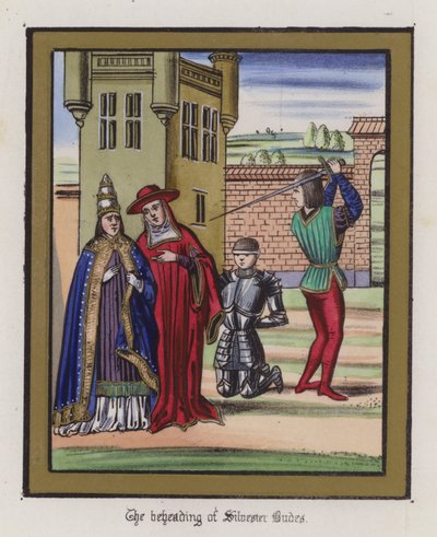 Halshugningen af Sir Silvester Budes (farvet gravering) af English School