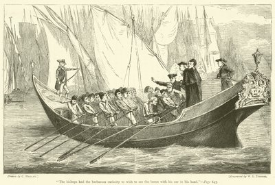 "Biskopperne havde den barbariske nysgerrighed at ønske at se baronen med sin åre i hånden" (kobberstik) af English School