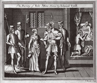 The Burning of Rose Allins hånd af Edmund Tyrill, illustration fra Foxes Martyrs c.1703 af English School