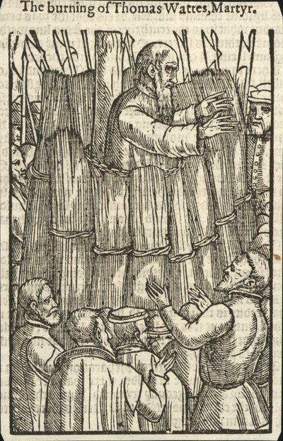 Afbrændingen af Thomas Wattes, martyr (kobberstik) af English School