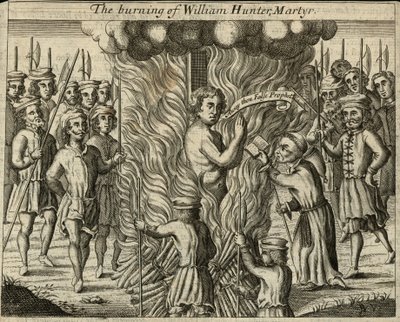 Afbrændingen af William Hunter, martyr (kobberstik) af English School