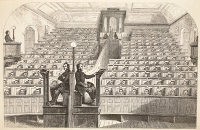 Kapellet, på det separate system, i Pentonville Prison, under gudstjeneste, illustration fra The Criminal Prisons of London og Scenes from Prison Life af Henry Mayhew og John Binny, pub. 1862 af English School