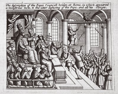 Beskrivelsen af paverådet afholdt i Rom, hvor en monstrøs ugle optrådte, til fuldstændig skændsel af paven og hele hans præsteskab, illustration fra Acts and Monuments af John Foxe, 9. udg. af English School