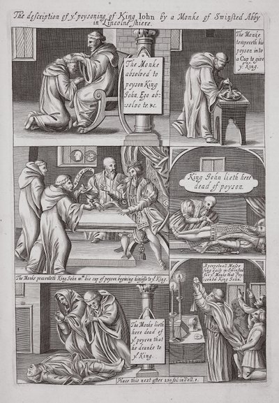 Beskrivelsen af forgiftningen af King John af en munk fra Swinstead Abbey i Lincolnshire, illustration fra Acts and Monuments af John Foxe, niende udgave, pub. 1684 af English School