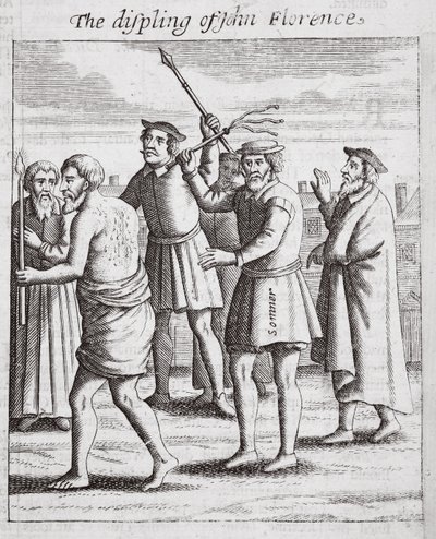 The displing of John Florence, illustration fra Acts and Monuments af John Foxe, niende udgave, pub. 1684 af English School