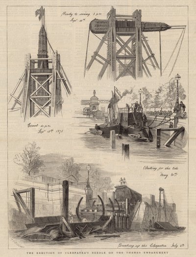 Opførelsen af Cleopatras Needle på Themsen Embankment af English School