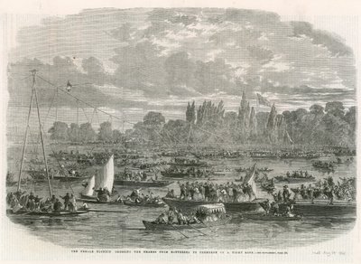 Die weibliche Blondin überquert die Themse von Battersea nach Cremorne auf einem Seil von English School