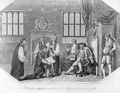 Den første engelske oversættelse af Bibelen præsenteret for Henry VIII, 1824 af English School